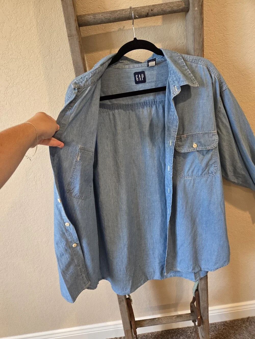 GAP Light Blue Denim Long Button Down Shirt - Size XL